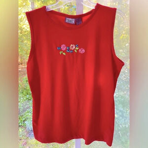 Premier International XL women’s RED tank w/embroidered floral design below neck